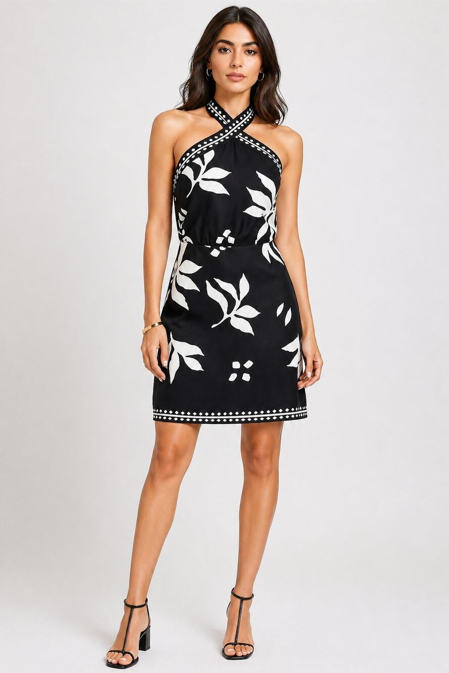 Loft Fern Linen Blend Mini Halter Dress Black White Tropical Womens Size 10 New